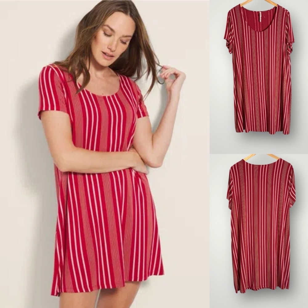 Soma Cool Nights Nightgown Scoop Neck Size XL Short Sleeve Asian Stripe Red EUC